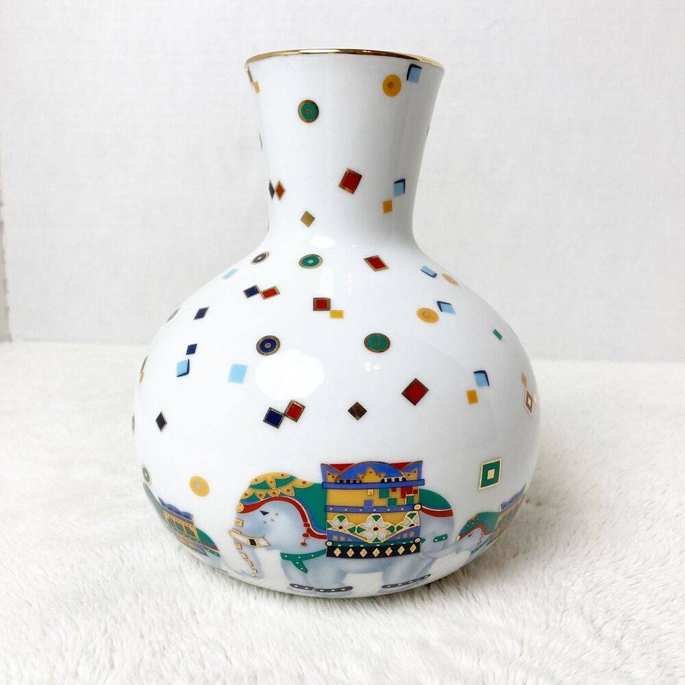 small Nantucket Porcelain vase with festive elephant design 6" tall